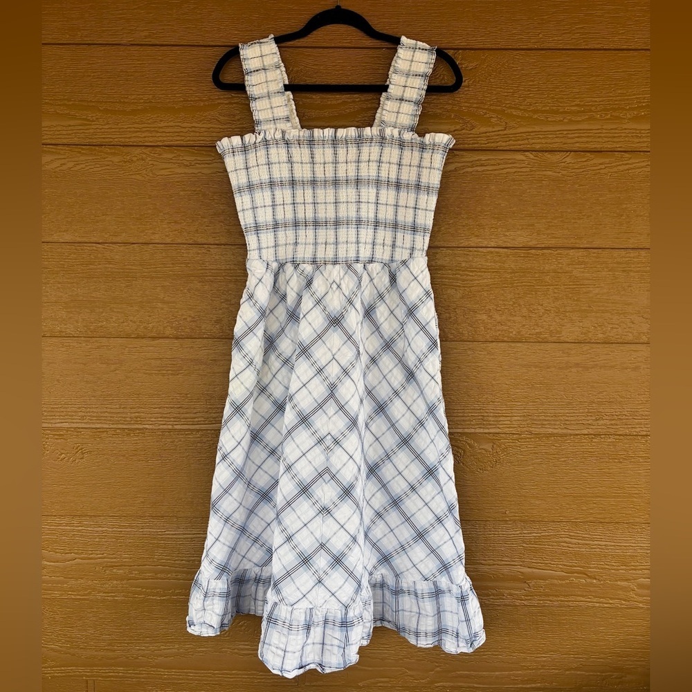 Eliza J 100% Cotton Blue and White Plaid Smocked Strap Dress -Sz 14